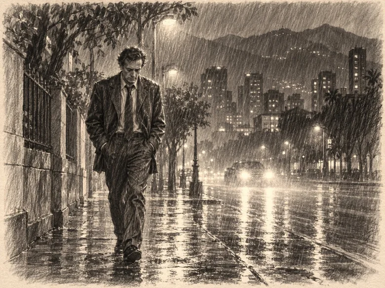 El Dr. Humberto Rodríguez camina cabizbajo bajo la lluvia nocturna; las luces de los vehículos se reflejan en la avenida.