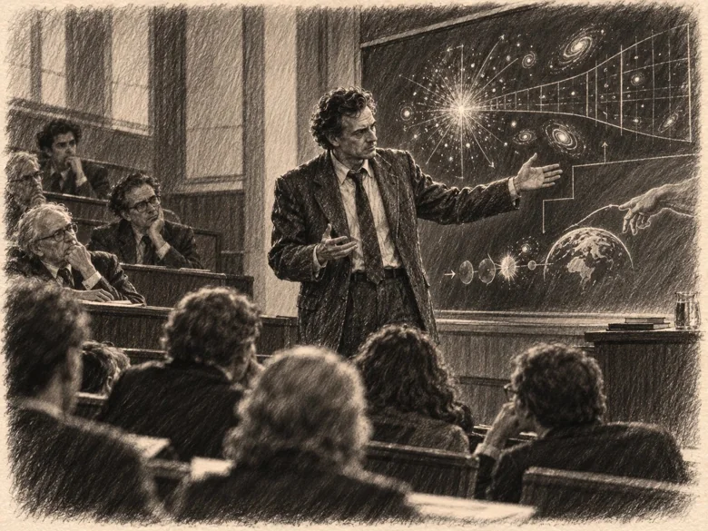 El profesor expone su teoría ante un auditorio universitario, junto a una pizarra con representaciones del universo.